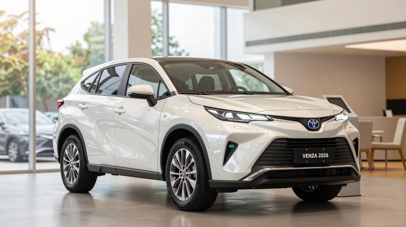 White SUV on display in a showroom with large windows in the background.
