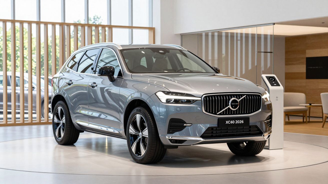 Silver Volvo XC60 SUV displayed in a modern showroom.